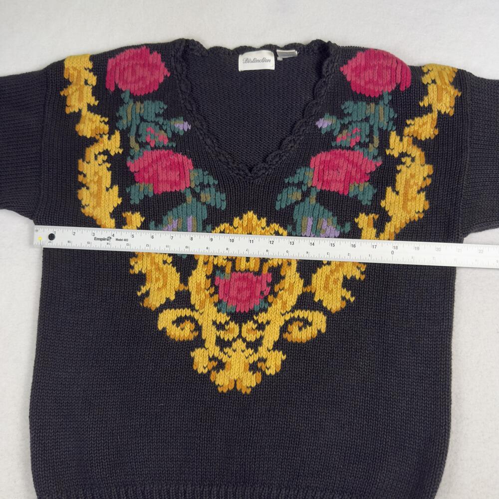 Vintage Statement Sweater Baroque Floral Scroll Intarsia Chunky Knit Black Sz M - Picture 5 of 10